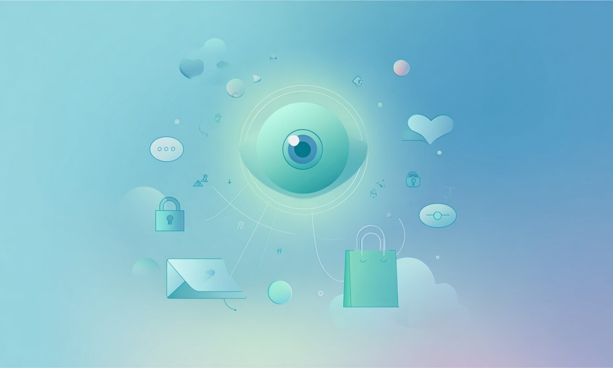 Ein freundliches, abstraktes Schutzauge schwebt über einfachen Symbolen für Chat, E-Mail, Online-Shopping und Social Media.